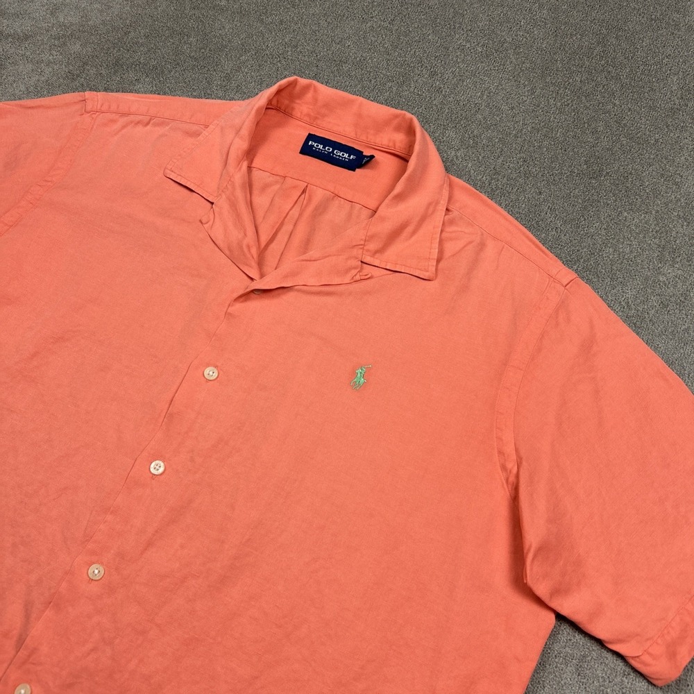 Ralph Lauren Shirt Mens Large Loop Collar Button Up Linen Silk Blend Peach